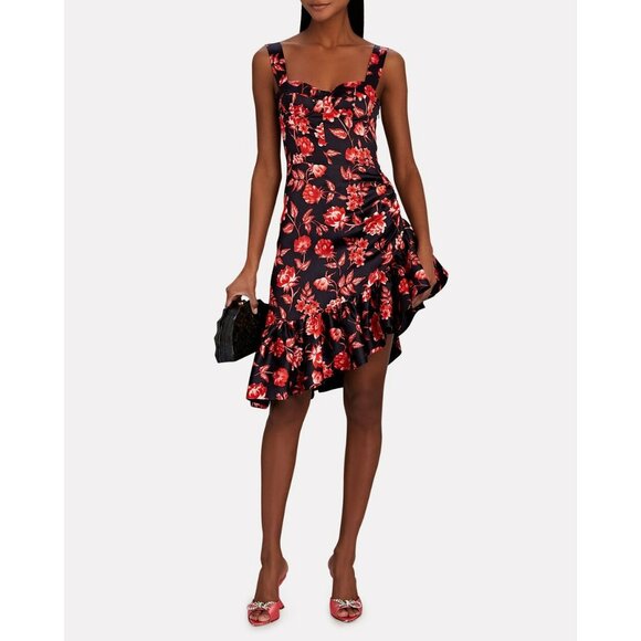 Autumn Adeigbo Zoe Black Red Floral Corset Top Dress Asymmetrical Ruffle Hem - Picture 1 of 15